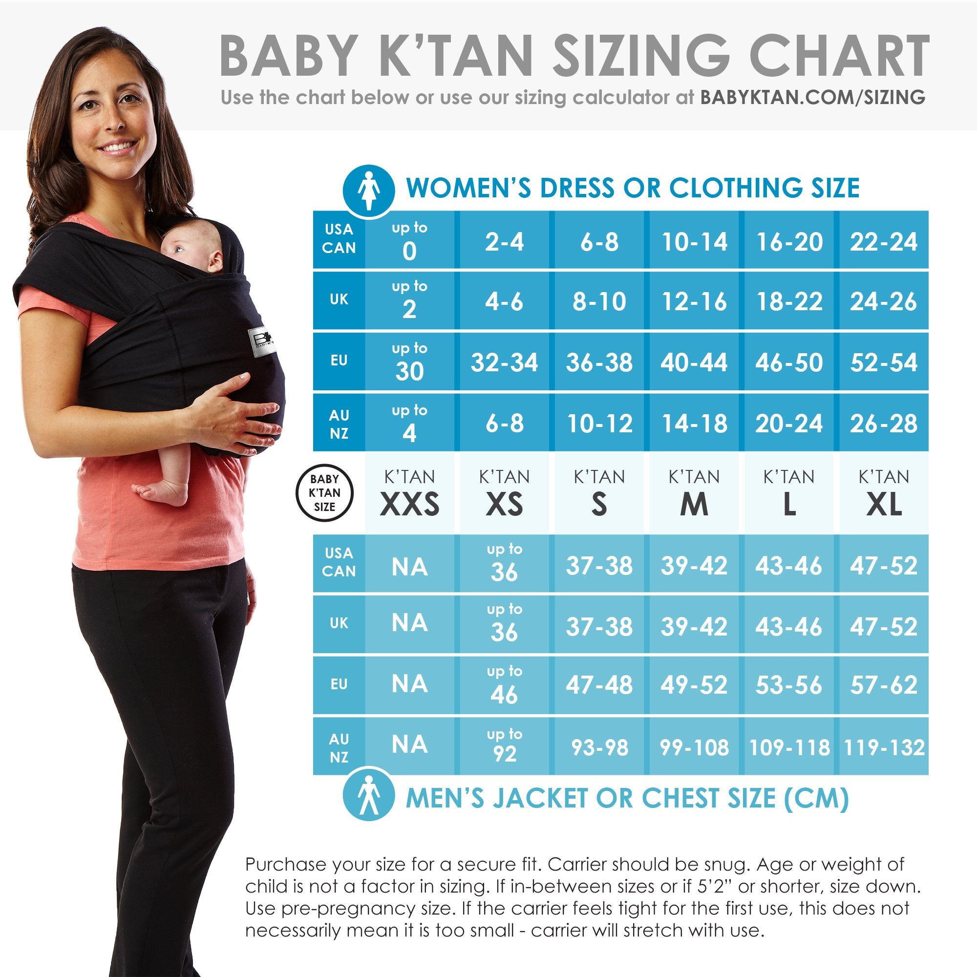 Sizing chart and tables for Baby K'Tan baby carrier different models