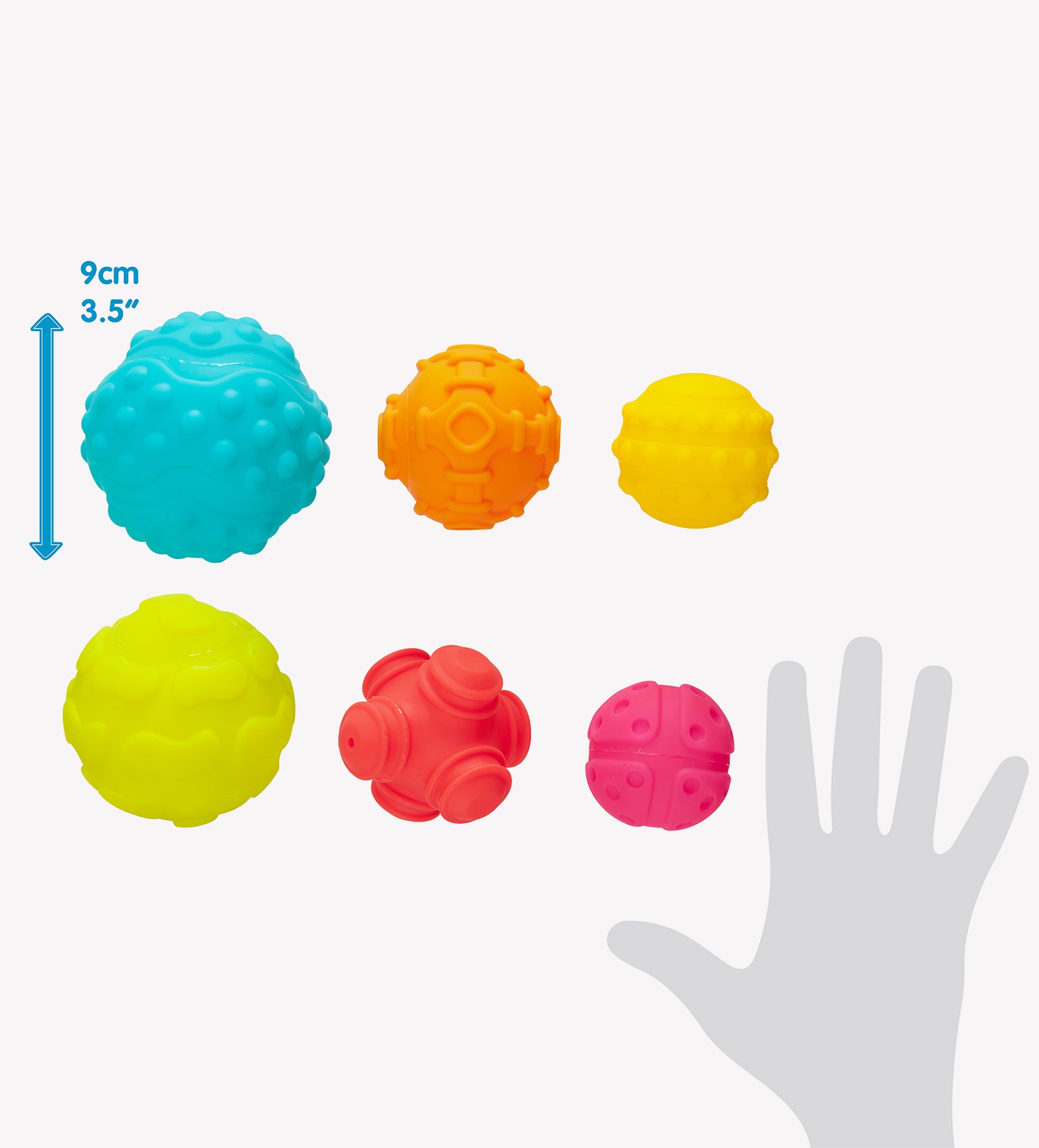 Playgro textured ball for toddlers size comparison to human hands