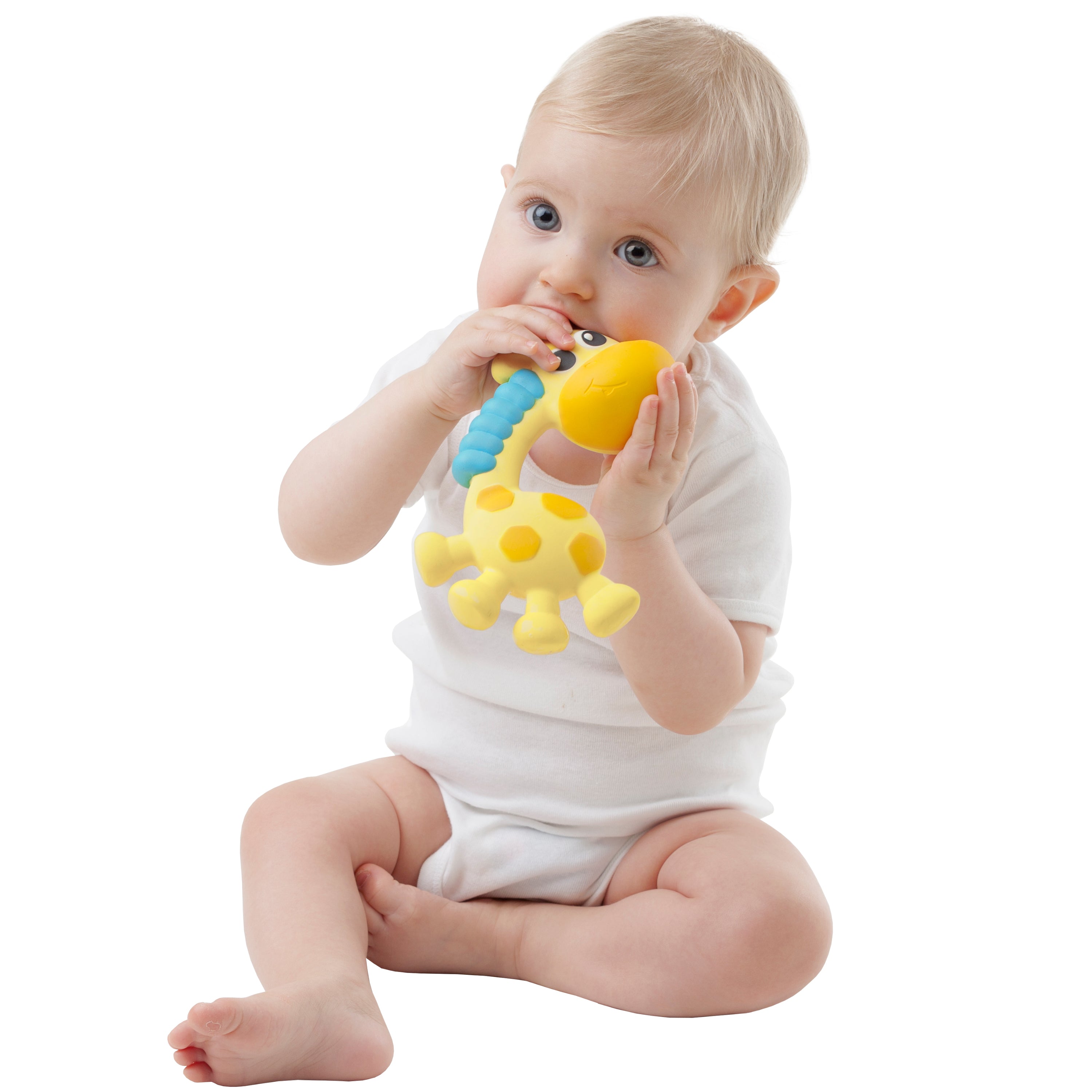 A baby toddler teething on Playgro Jerry natural teether in Giraffe design