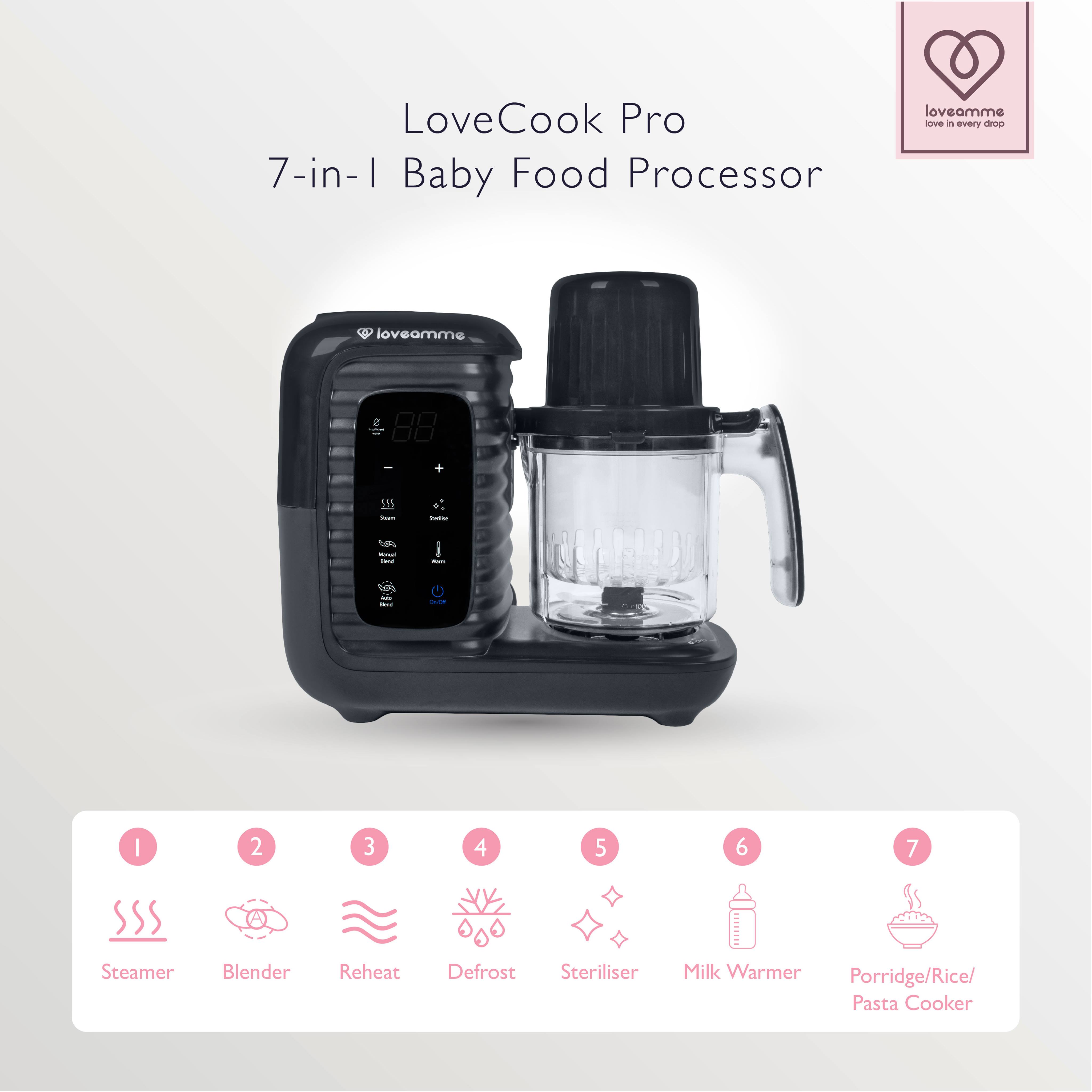 Loveamme lovecook pro food processor for baby with 7 in 1 functions includes steaming, blending, reheating, sterilising, defrosting, milk warmer, pasta porridge and rice cooker