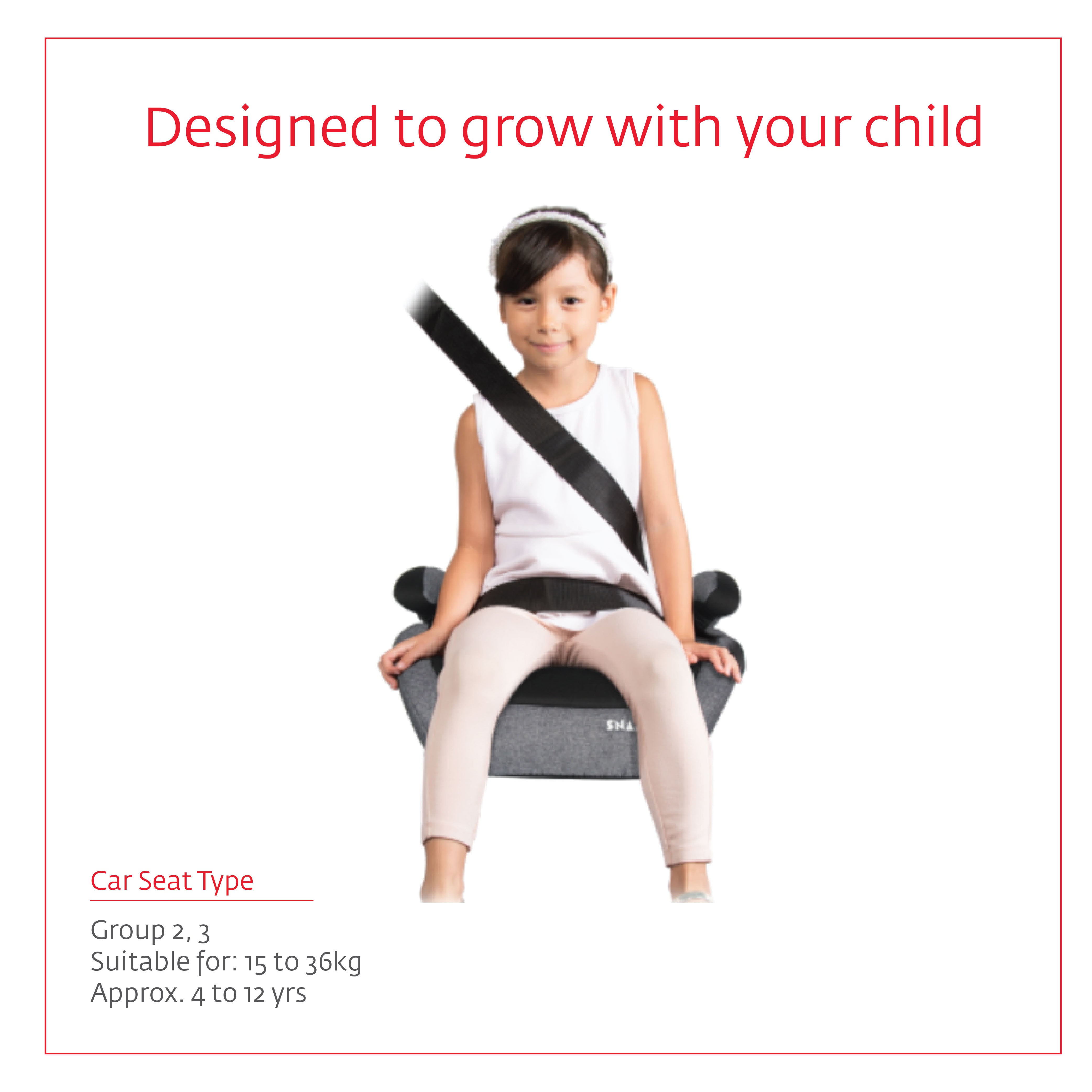 A little girl seating on Snapkis Maxi Booster car seat with the seat belt strapped on