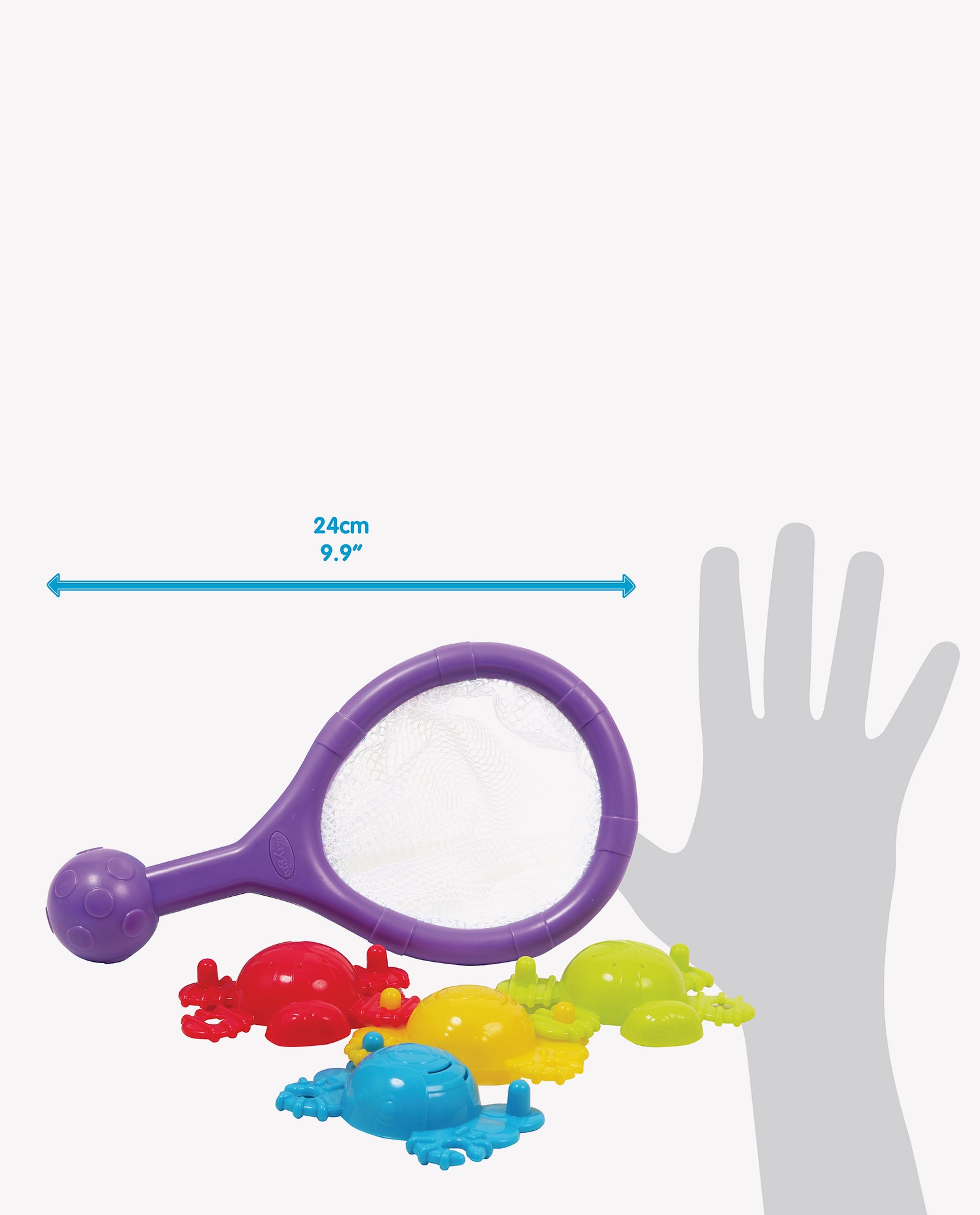 Playgro scoop and splash toy size chart in comparison to human hand
