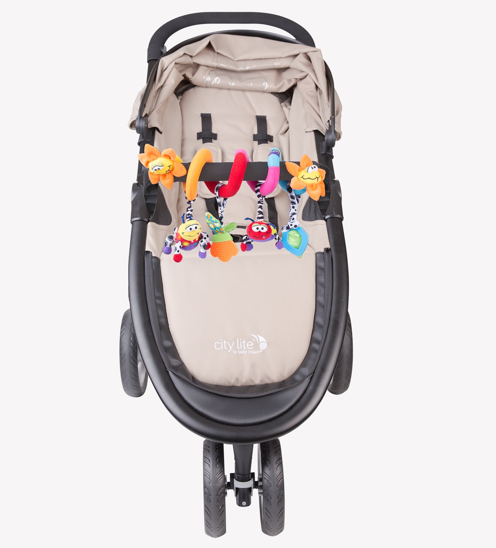 Playgro Garden Twirl is twired on the baby stroller bumper bar
