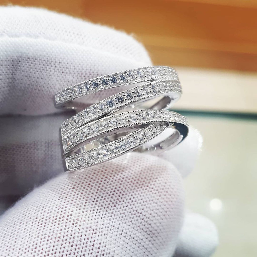 925 Sterling Silver Micro-Pave Multi Band Cz Crossover Ring