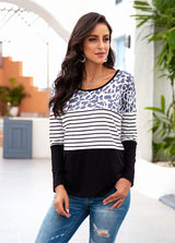 Striped Patchwork Round Neck Long Sleeve T-shirt