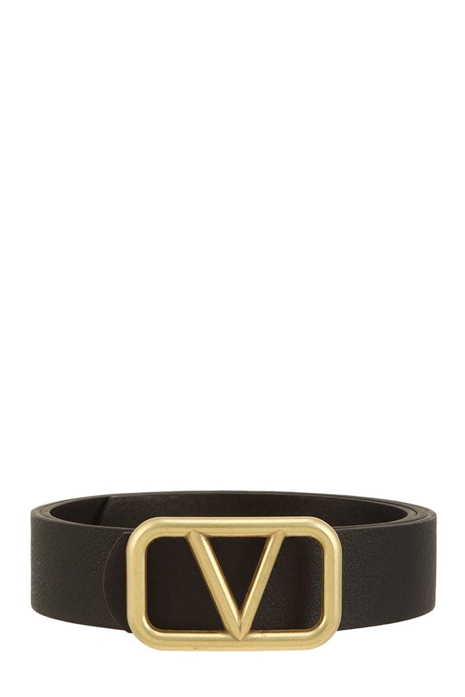 METAL V BUCKLE FAUX LEATHER BELT-BLACK