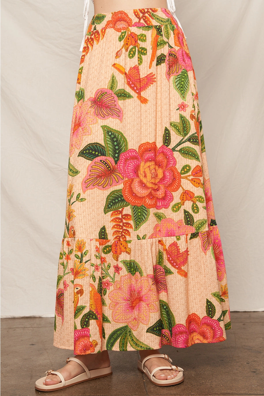 TEXTURED TROPICAL PRINT MAXI SKIRT-PEACH/MULTI