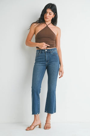 PIPER HIGH RISE CROP FLARE W/ DISTRESSED HEM-DARK DENIM - The Gatorbug