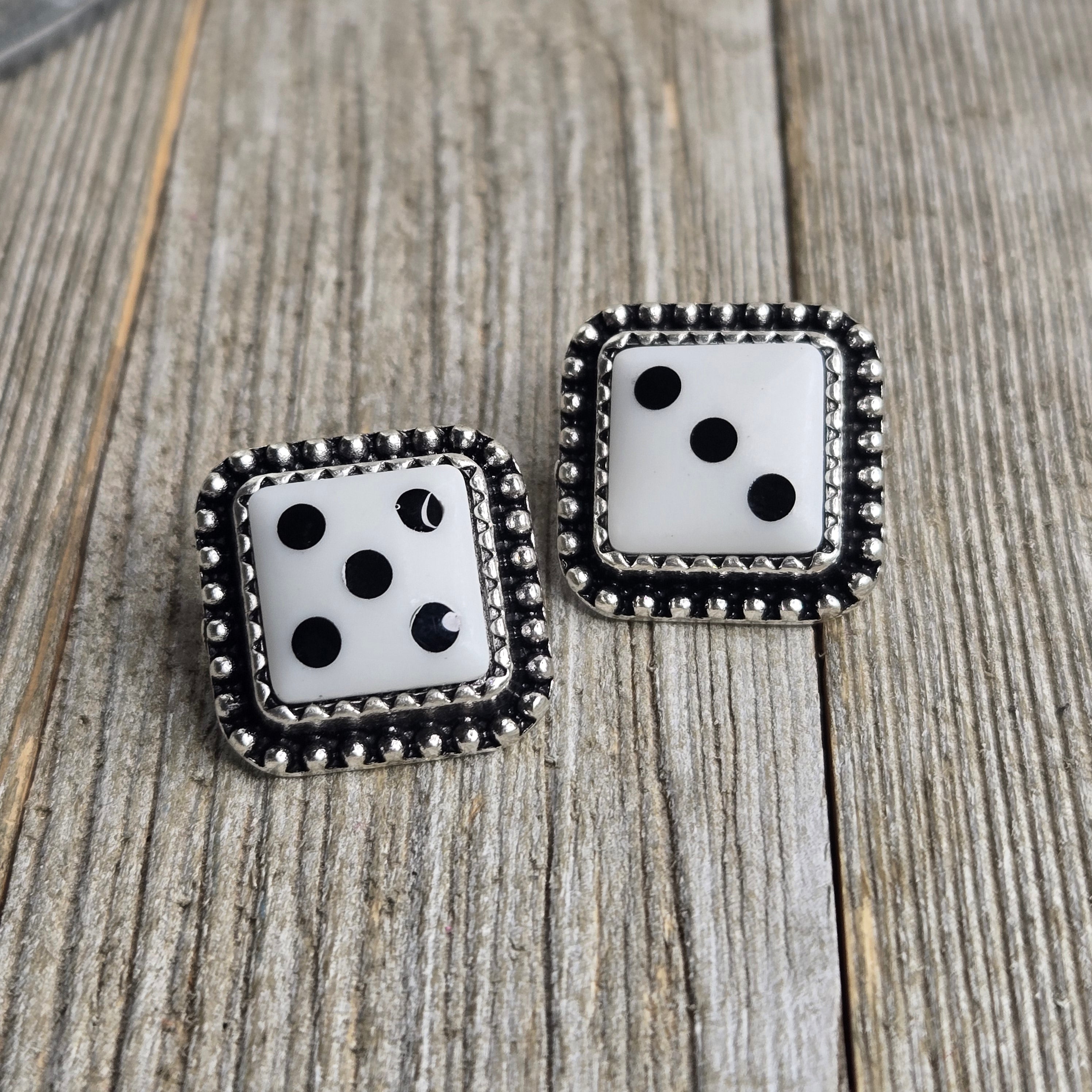 White Dice Button Earring
