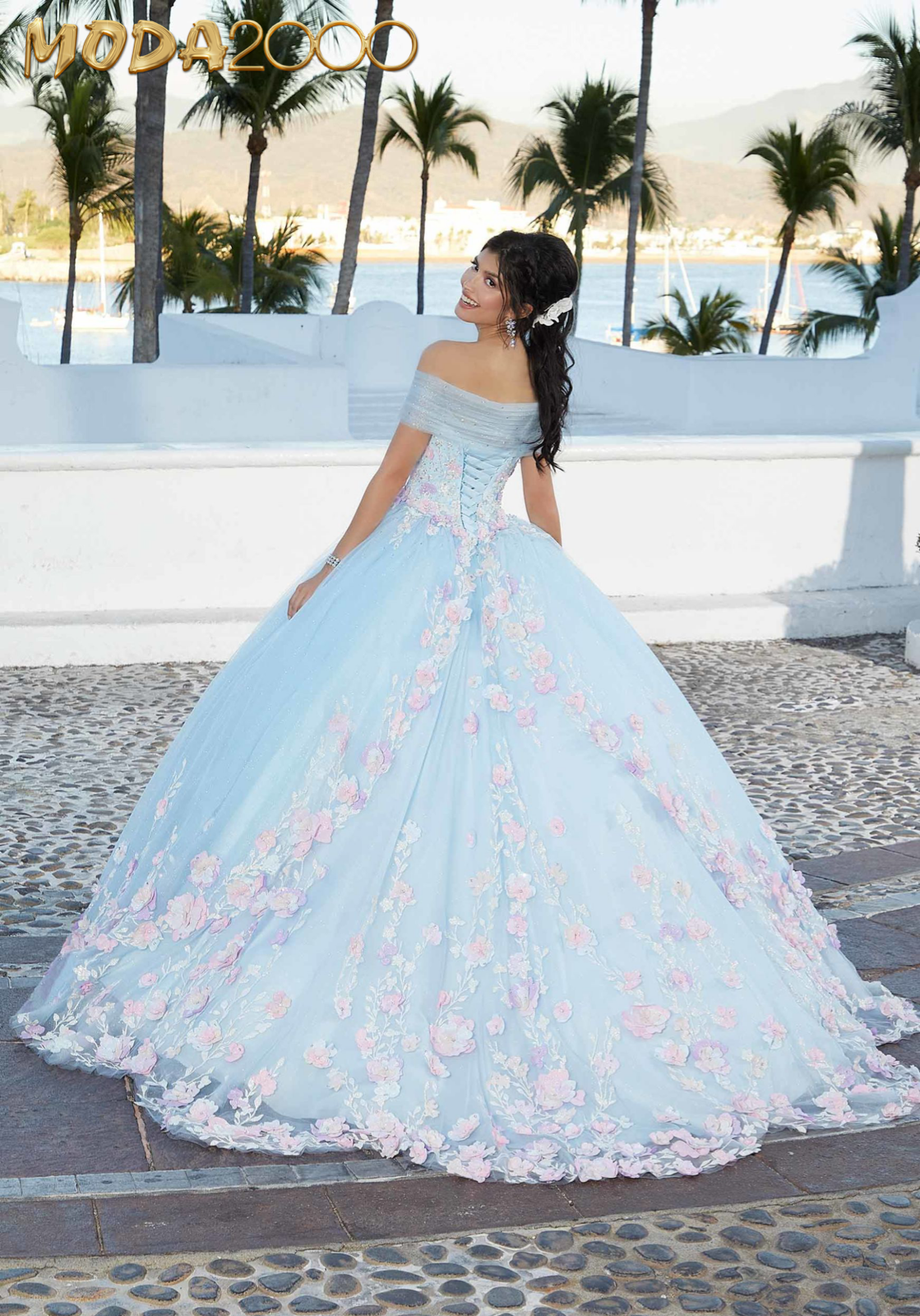 baby blue and gold quinceanera dresses