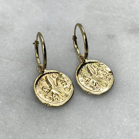 Ancient Octopus Coin Gold Hoops