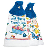 Happiness is Homegrown Hanging Kitchen Towel Set Crochet Top Butterfly Flowers
