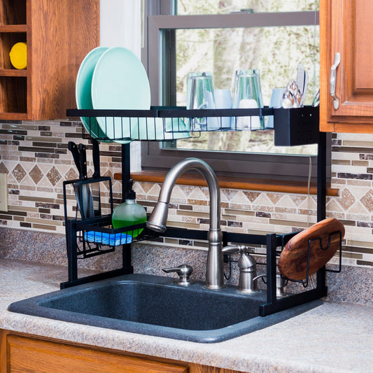 Home Basics Wooden Over the Sink Shelf - Brown | Maximize Counter Space |  Convenient Storage for Soap, Silverware, Sponges | Easy Faucet Access