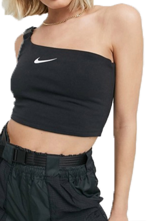 nike one shoulder buckle crop top in off white