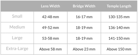 sunglasses frame measurements table sizes