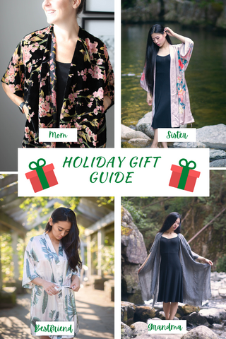 gifts for her with text holiday gift guide. photos of women in kimonos with gifts for mom, gifts for sister, gifts for best friend and gifs for grandma