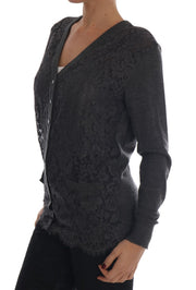 Gray Cashmere Floral Lace Cardigan Sweater