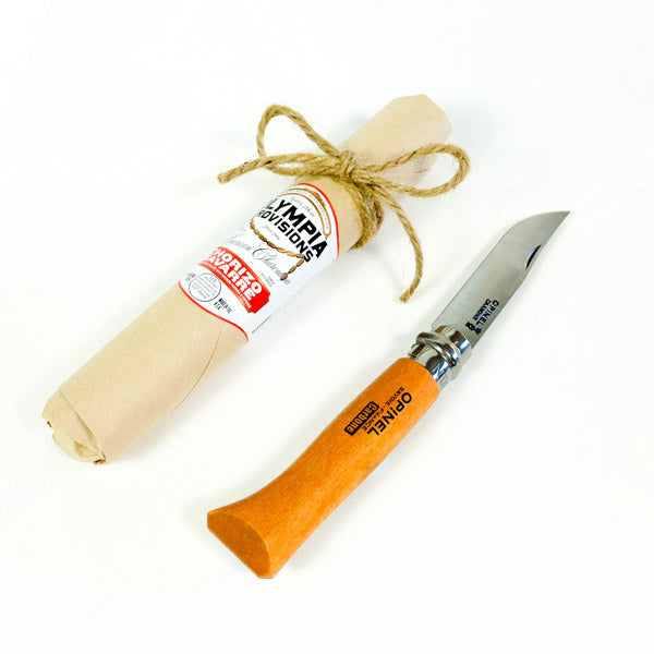 Hostess gift Opinel No. 8 Carbon knife and Olympia Provisions Sausage