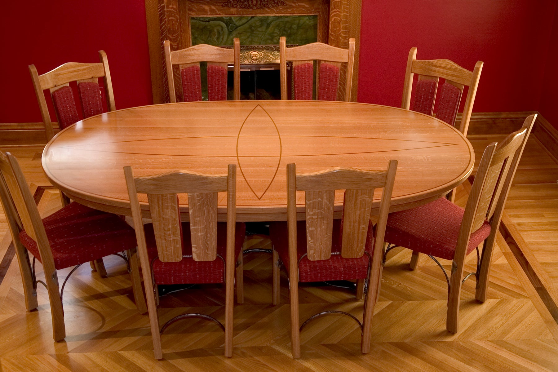 Quarter Sawn White Oak Table Walnut Inlay And Wrought Iron Base