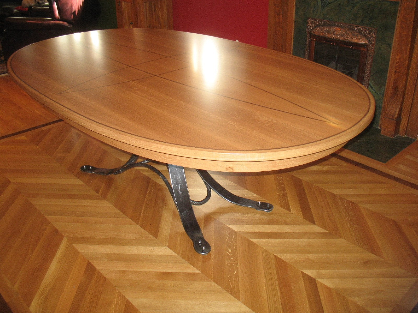 Quarter Sawn White Oak Table Walnut Inlay And Wrought Iron Base