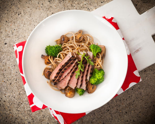 Grilled Steak with Alfredo Pasta