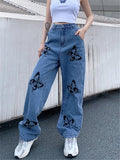 Stylish Butterfly Print Button Loose High Waist Denim Pants With Pockets