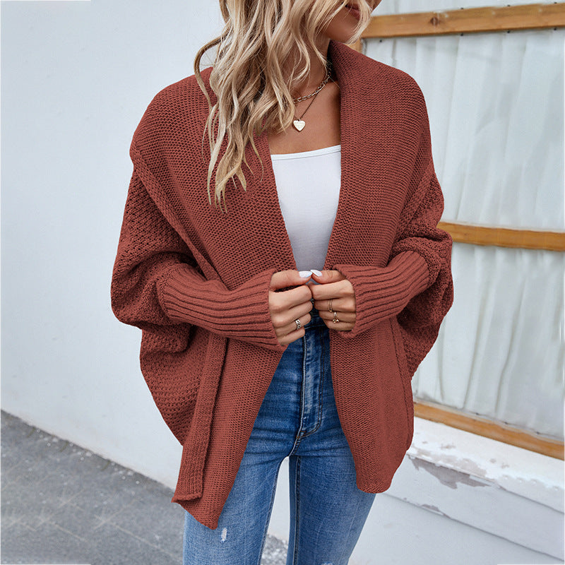 Women's Knitted Sweater Solid Scarf Collar Color Batwing Sleeve Cardigan Coat