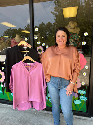 T19618 Satin v-neck 1/2 sleeve top featuring front placket detail - Cody Kate Boutique