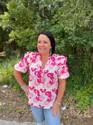 Split Neck Ruffled Puff Sleeve Floral Top - Cody Kate Boutique