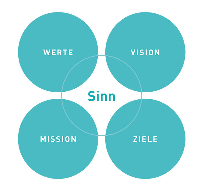 Grafik, die zeigt, wie Sinn aus Zielen, Werten, Vision und Mission entsteht