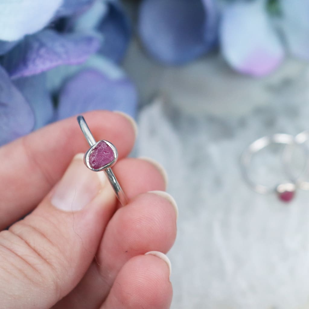 Raw Ruby Sterling Silver Ring - Bezel-set