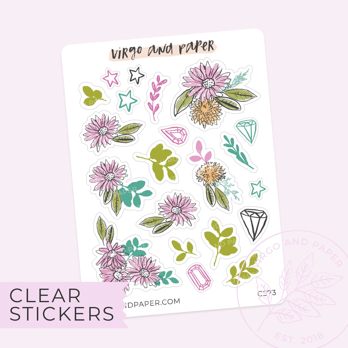 Clear Heart Stickers in Lavender – Virgo and Paper