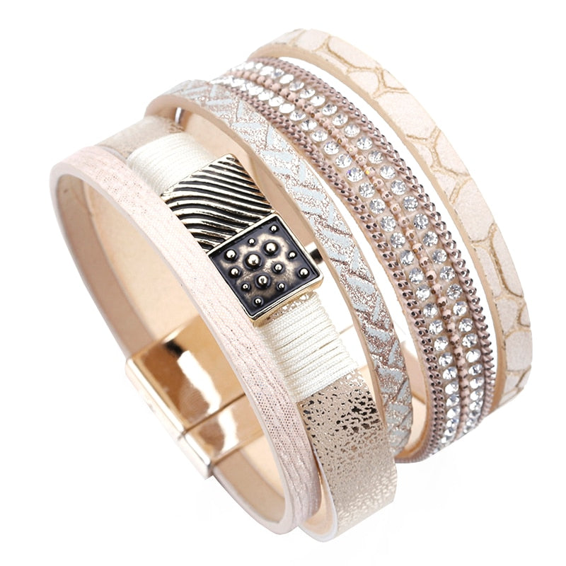 Leather Bracelet – Multilayer Wide Bracelet – Bohemian Leather Bracelet – Magnetic Clasp Bracelet – Trendy Bracelet – Zink Alloy Bracelet