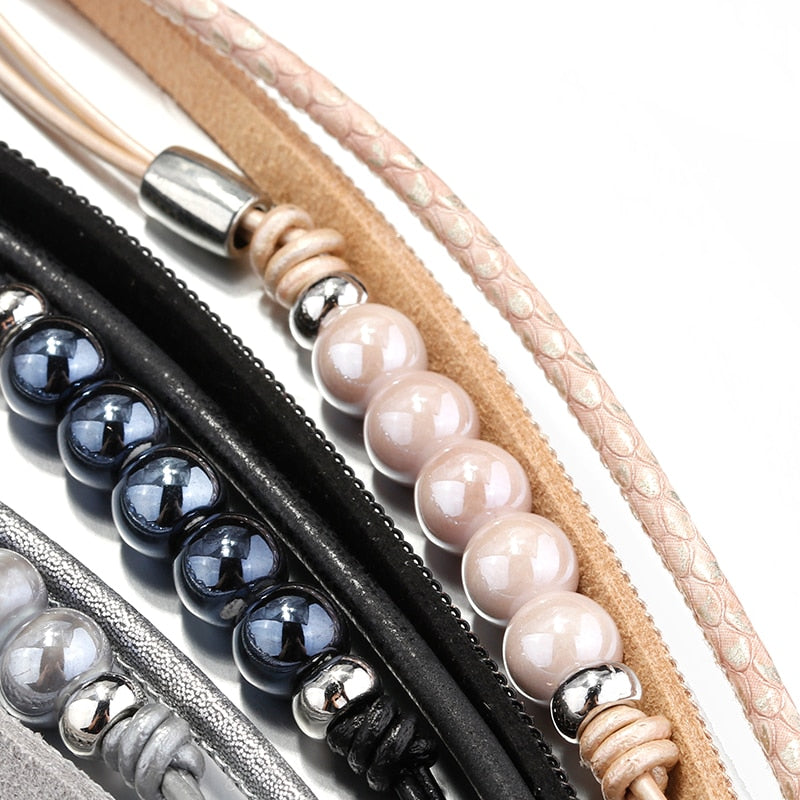 Ceramic Beads Leather Bracelet – Boho Multilayer Wrap Bracelet – Double Wrap Bracelet – Magnetic Clasp Bracelet – Female Jewelryemale Jewelry Gift