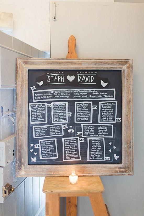 blackboard with seating plan at wedding made with white marker