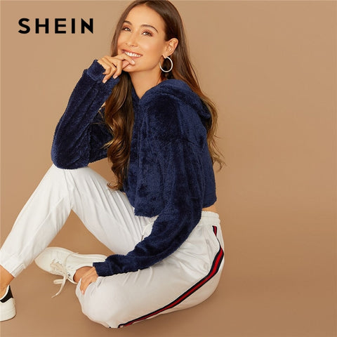 SHEIN Grey Minimalist Solid Drop Shoulder Crop Teddy Hoodie Sweatshirt Autumn Casual Fashion Women Pullovers Sweatshirts