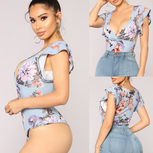 Women's jumpsuits & rompers sexy elegant blue color flower ruffles bodysuits brief jumpers European and American style for lady