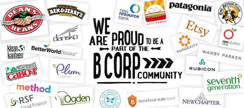 Text of "We are proud to be a BCorp" surrounded by company logos