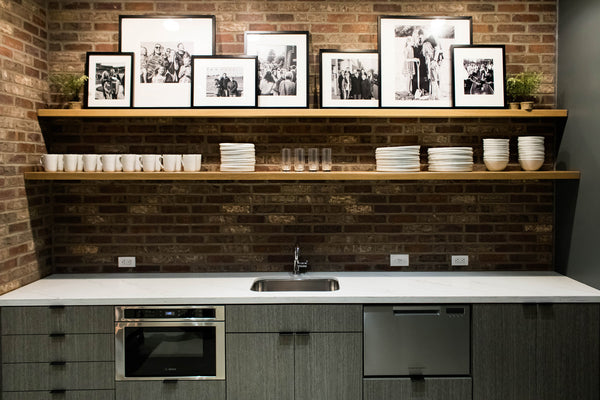 Office kitchen design, shelving by Edgework Creative