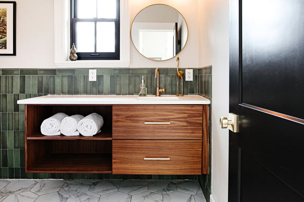 Modern bathroom, walnut vanity