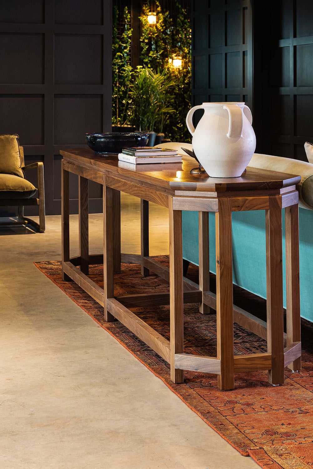 amenity space furniture, walnut console table