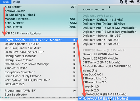 Selecting NodeMCU ESP8266 in Arduino IDE