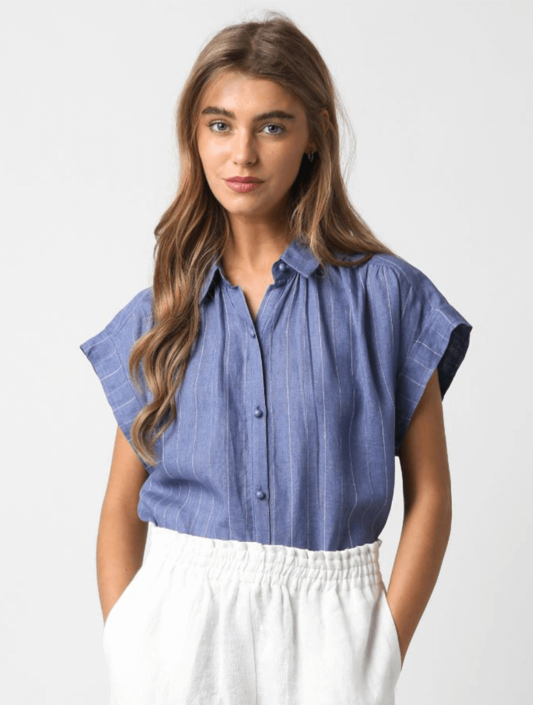 Casey Linen Top in Blue/White