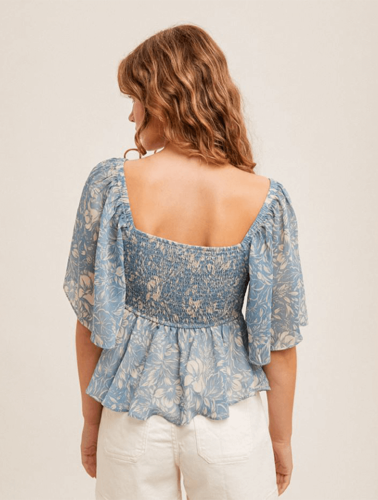 Square Neck Flutter Sleeve Top in Blue