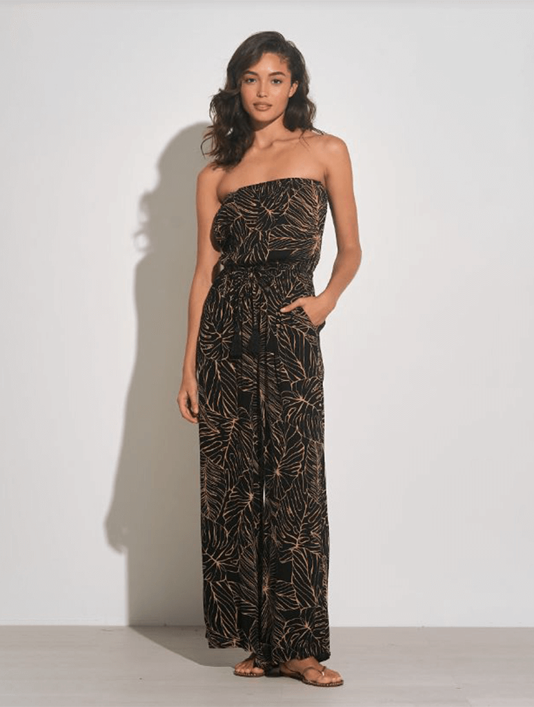 Strapless Jumpsuit in Black Natural Tropic