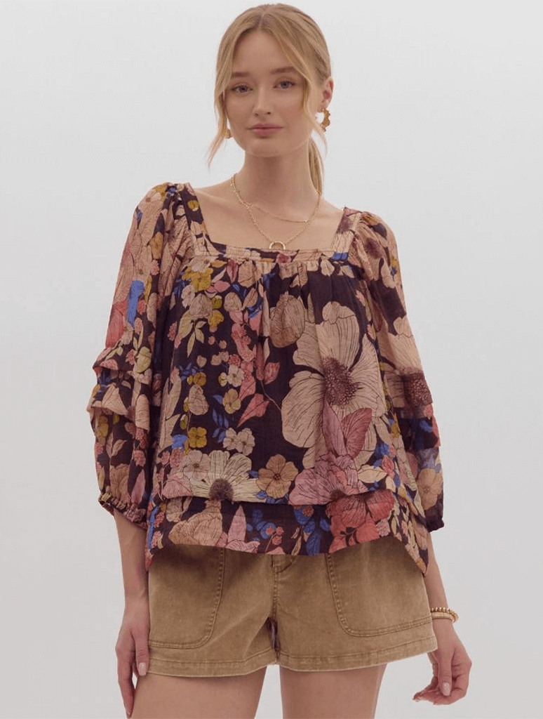 Floral Print 3/4 Sleeve Square Neck Top