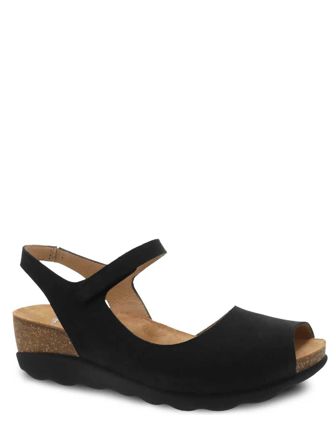 Dansko Marcy Wedge Sandal in Black Milled Nubuck