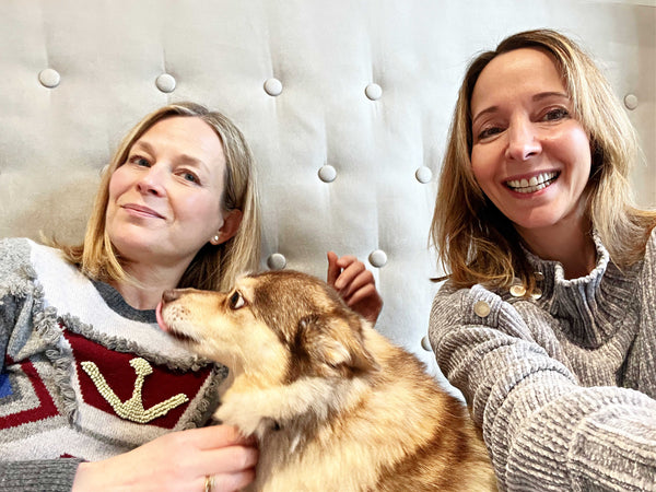 Starling Skincare Founders Lisa Larson Murphy and Nathalie Yavonditte, along with their furry friend Henri