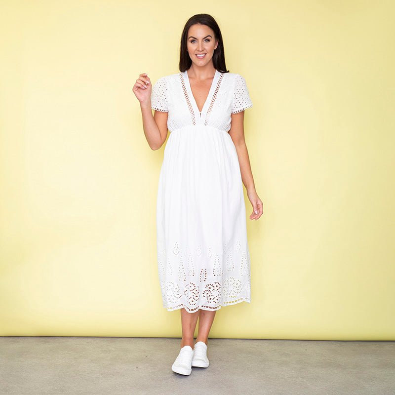 white cap sleeve midi dress