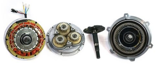 a deconstructed view of a geared drive hub electric bike motor